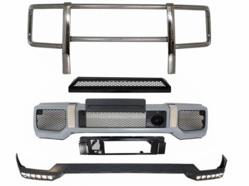 Front Bumper with Spoiler LED DRL Upper Spoiler Lip and BullBar suitable for MERCEDES G-Class W463 (1989-2017) G65 Design