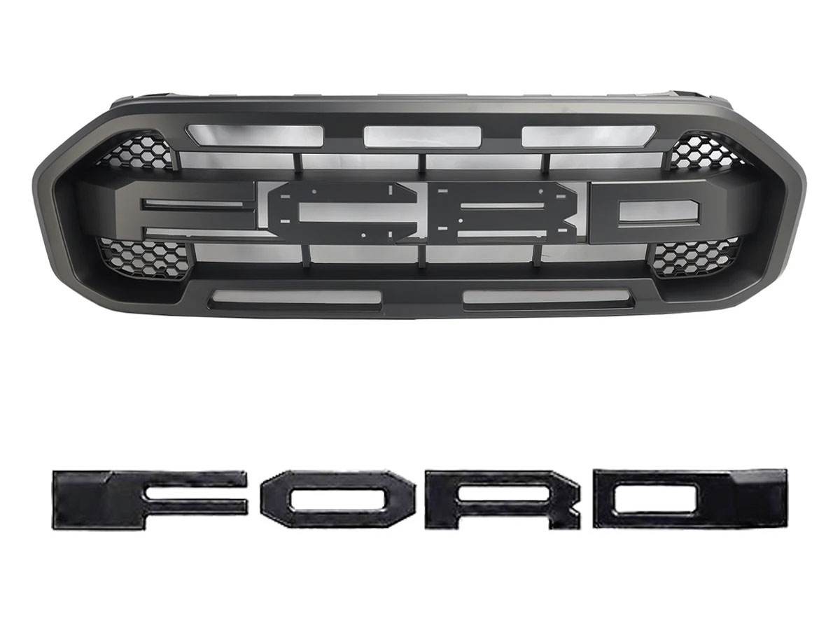 Grelha frontal em ABS com LED e letras “FORD” – Estilo Raptor – Ranger XL/XLT/Limited 2019–2022