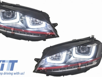Headlights 3D LED DRL suitable for VW Golf 7 VII (2012-2017) RED R20 GTI Look LED FLOWING with Central Grille R-Line