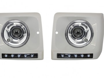 Headlights Bi-Xenon Look Chrome suitable for Mercedes G-Class W463 (1989-2012) witth Covers White with LED DRL G65 Design