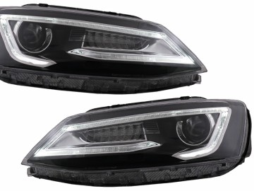 Headlights LED DRL Dual Beam Lens suitable for VW Jetta Mk6 VI (2011-2017) RHD Bi-Xenon Design with Dynamic Turn Signals Black Housing