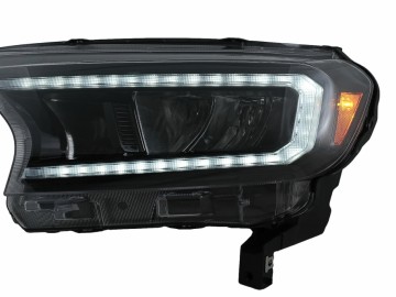 Headlights LED Light Bar suitable for Ford Ranger (2015-2020) LHD Full Black Housing with Sequential Dynamic Turning Lights