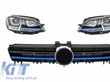 Headlights with Central Grille suitable for Volkswagen Golf 7 VII (2012-2017) GTE Design Blue Insertions and LED FLOWING Dynamic Sequential Turn Light