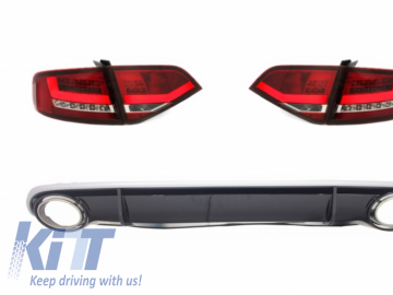 LED Taillights with Rear Diffuser and Exhaust Tips suitable for AUDI A4 B8 8K Saloon (2007-2010) Red / Clear RS4 Design