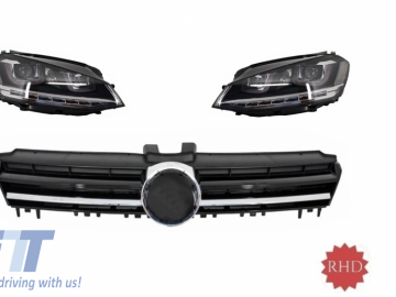 RHD Headlights LED FLOWING Dynamic Sequential Turning Lights with Central Grille suitable for Volkswagen Golf 7 VII (2012-2017) R-Line Design Chrome I