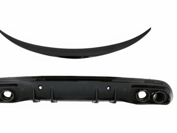 Rear Bumper Diffuser with Exhaust Muffler Tips suitable for Mercedes C-Class W205 (2014-2020) and Trunk Spoiler Piano Black