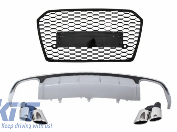 Rear Bumper Valance Diffuser with Exhaust Muffler Tips and Front Grille suitable for AUDI A6 4G Facelift (2015-2018) Sedan Limousine RS6 Design