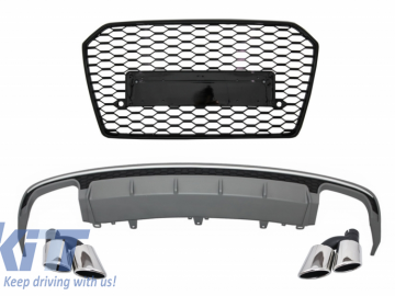Rear Bumper Valance Diffuser with Exhaust Muffler Tips and Front Grille suitable for AUDI A6 4G Facelift (2015-2018) Sedan Limousine S6 Design