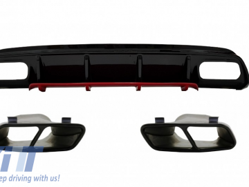 Rear Bumper Valance Diffuser with Exhaust Muffler Tips suitable for MERCEDES W176 A-Class (2012-2018) A45 Facelift Design Red Edition