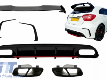 Rear Diffuser & Exhaust Muffler Tips Black with Splitters Fins and Roof Boot Spoiler suitable for MERCEDES A-Class W176 (2012-2018) A45 Facelift Desig