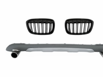 Rear Diffuser & Exhaust Muffler Tips Tailpipe Package and Central Kidney Grilles Double Stripe suitable for BMW X1 SUV F48 (06.2015-2019) M Sport Desi