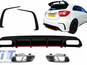 Rear Diffuser with Exhaust Muffler Tips Chrome and Splitters Fins suitable for MERCEDES A-Class W176 (2012-2018) A45 Facelift Design Red Edition