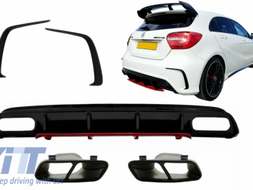 Rear Diffuser with Exhaust Muffler Tips Black and Splitters Fins suitable for MERCEDES A-Class W176 (2012-2018) A45 Facelift Design Red Edition