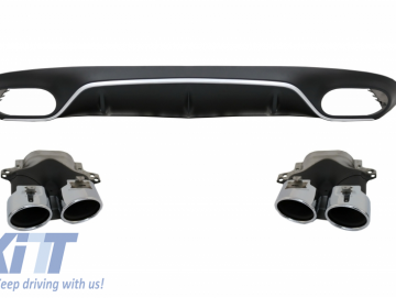 Rear Diffuser with Exhaust Tips and Trunk Boot Spoiler suitable for Mercedes E-Class C238 AMG Sport Line (2016+) E53 Design Black / Chrome