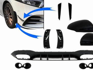 Rear Diffuser with Front Side Vents and Flaps Side Fins & Mirror Cover suitable for Mercedes A-Class V177 Sedan (2018-up) Black Exhaust