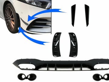 Rear Diffuser with Front Side Vents and Flaps Side Fins suitable for Mercedes A-Class V177 Sedan (2018-up) Black Exhaust