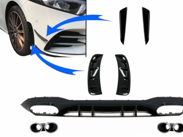 Rear Diffuser with Front Side Vents and Flaps Side Fins suitable for Mercedes A-Class V177 Sedan (2018-up) Chrome Exhaust